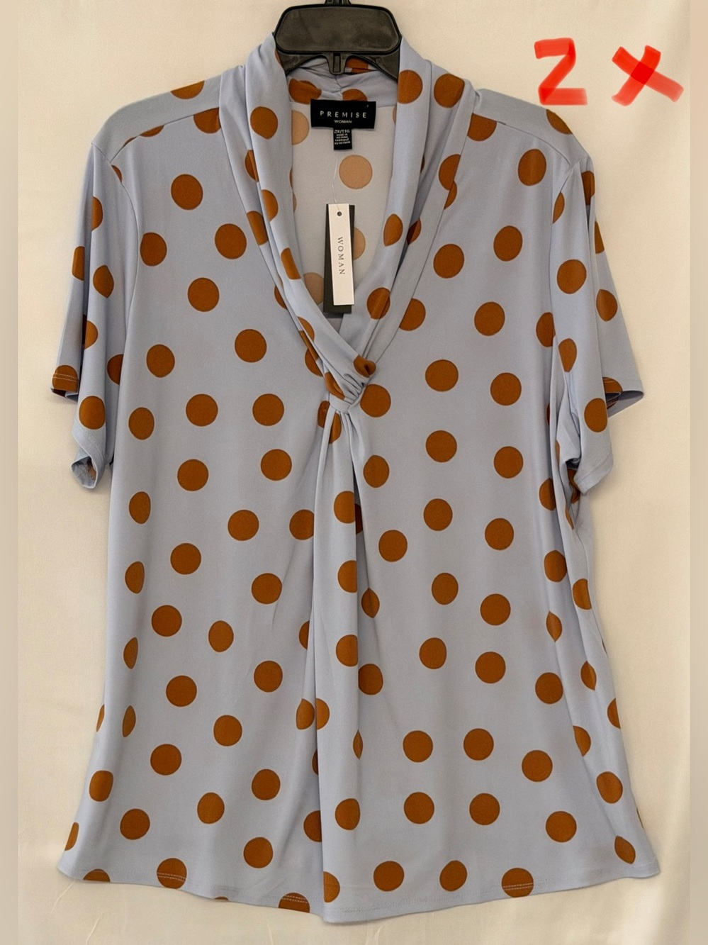 Premise Light Blue Polka Dot Short-Sleeve Knot-Front Blouse